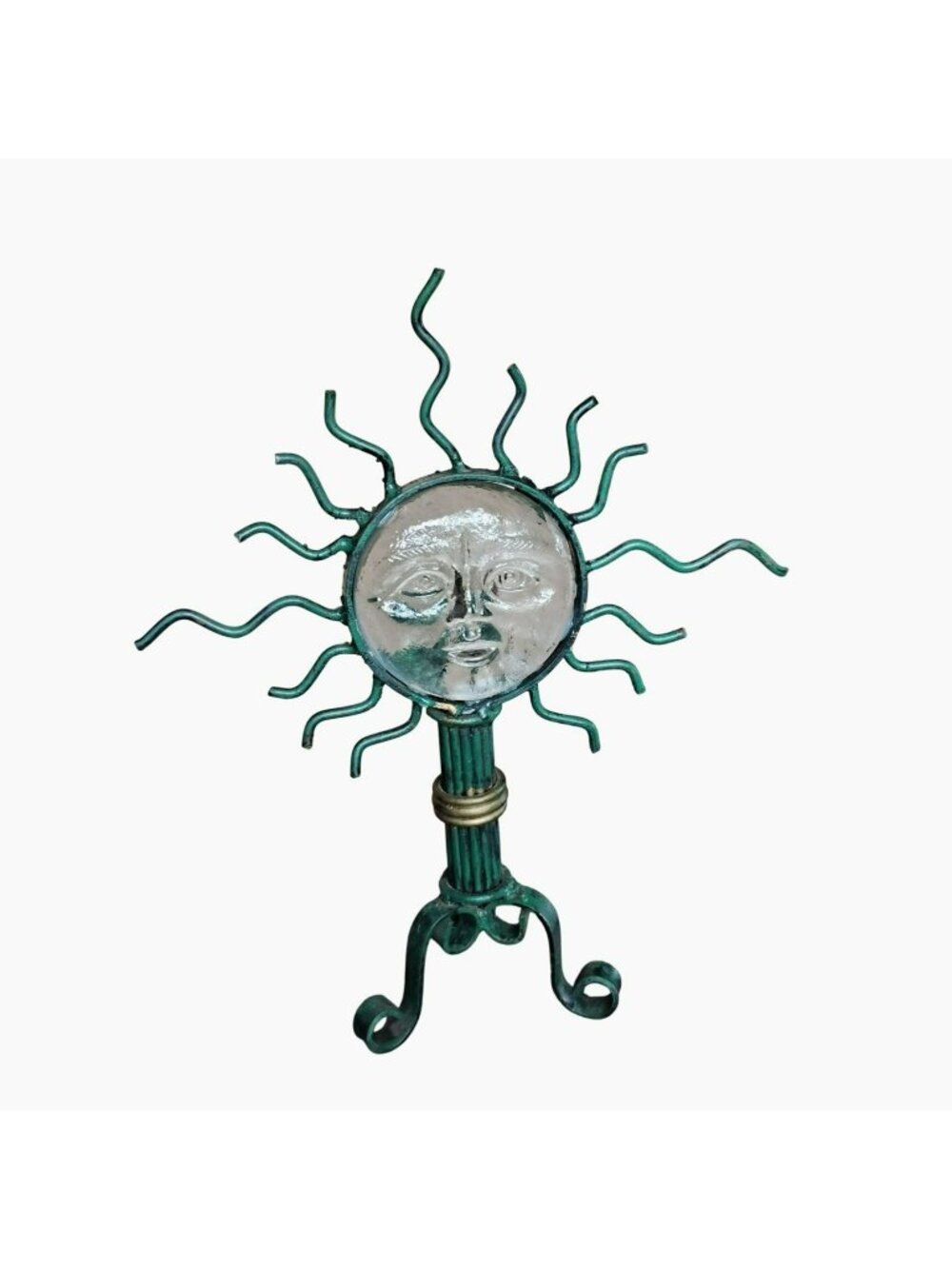 Gold Green Metal Glass Celestial Sun Face Candle Holder Stand, 13" Brutalist Art